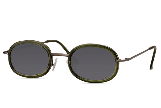 Festlige, ovale hurtigbriller med tynde stænger, grønt stel og grå glas