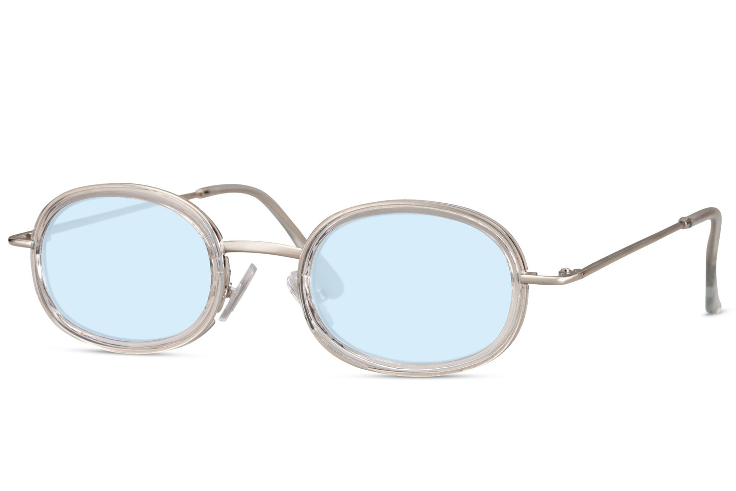 Festlige, ovale hurtigbriller med tynde stænger, sølv stel og blå glas