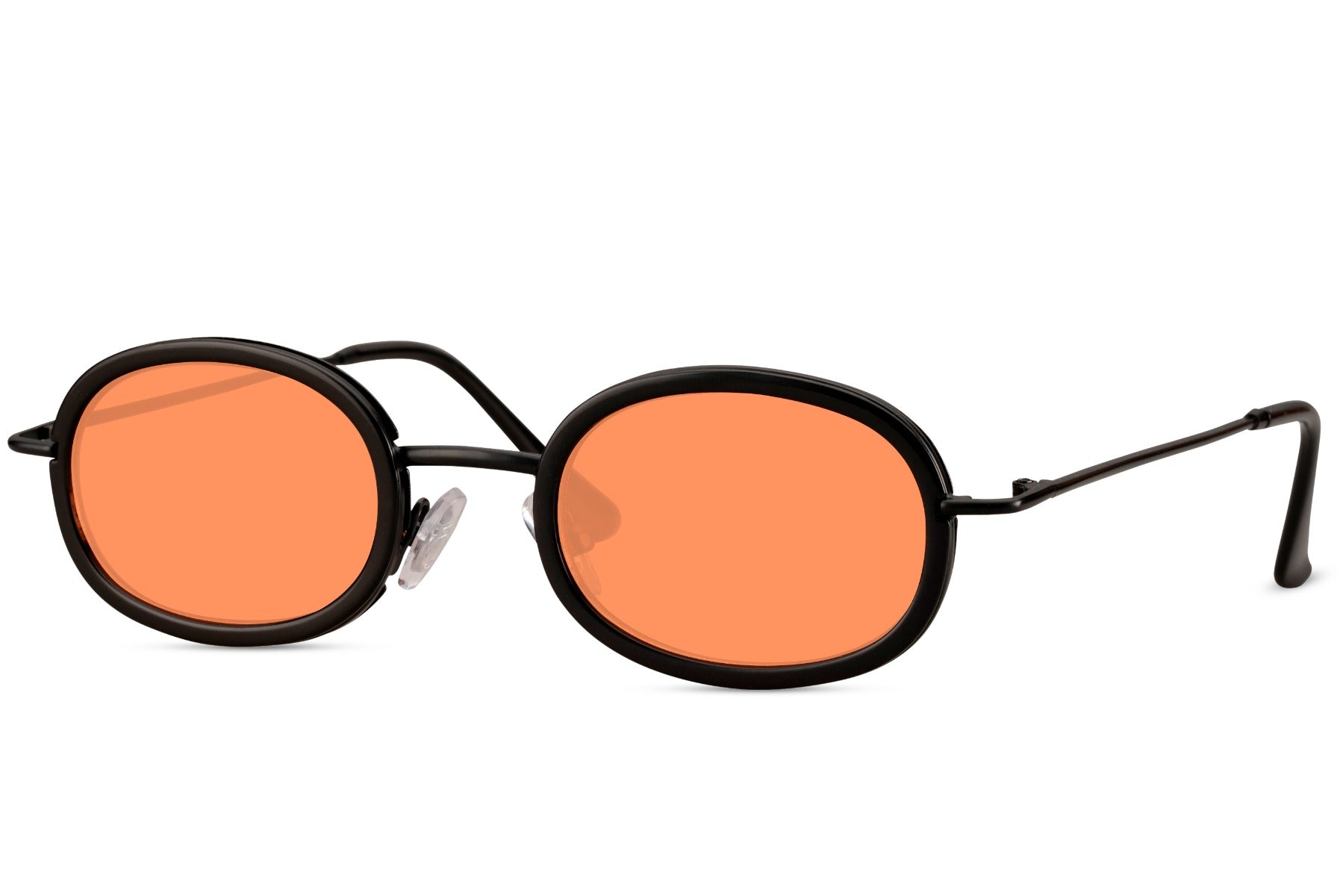 Festlige, ovale hurtigbriller med tynde stænger, sort stel og orange glas