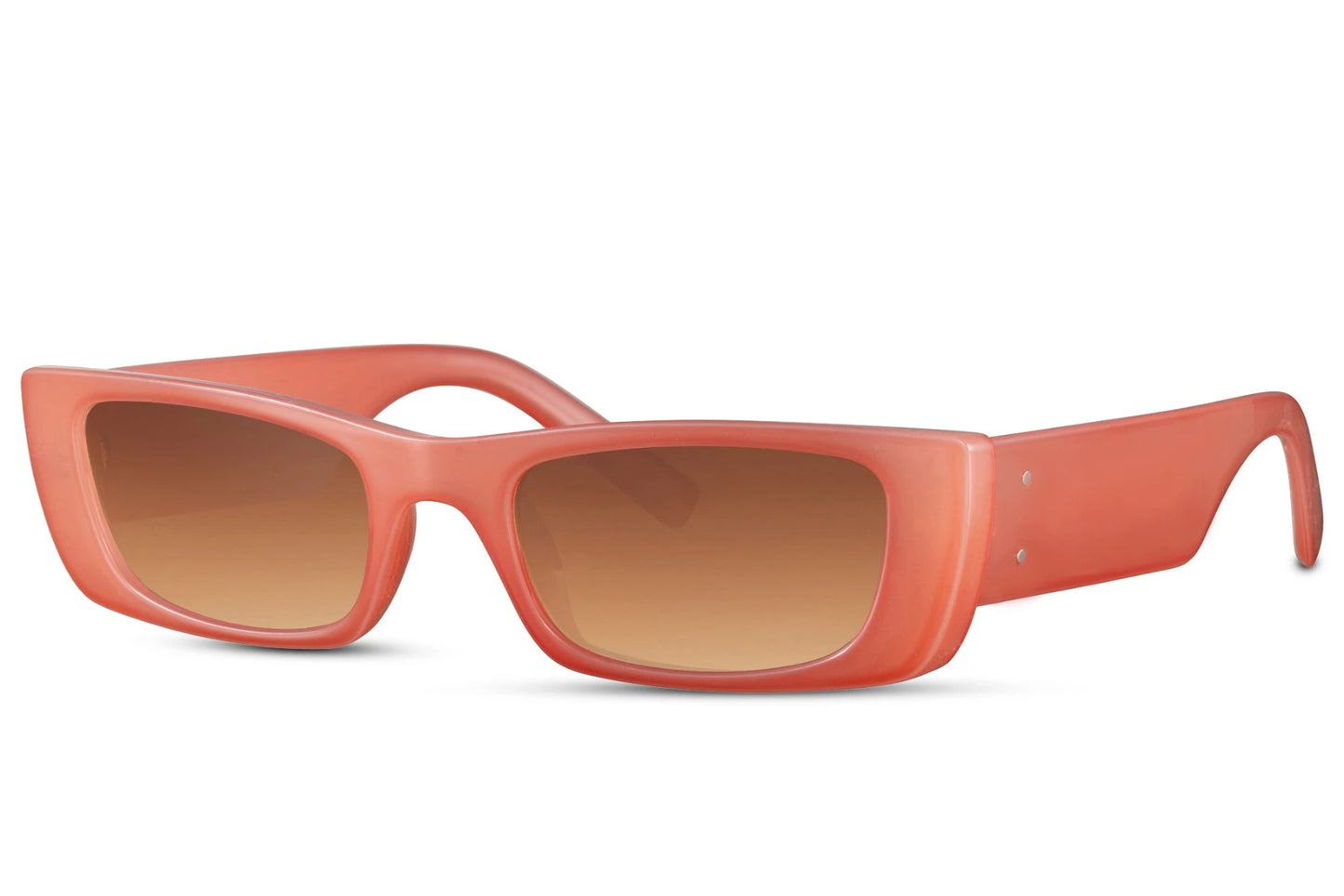 Firkantede farvede solbriller med tykke stænger, brune glas og rødt stel set fra siden