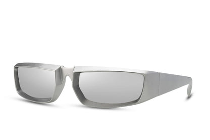 Futuristiske robot hurtigbriller i sølv stel og lyse glas set fra siden