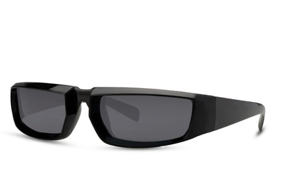 Futuristiske robot hurtigbriller i sort stel og grå glas set fra siden