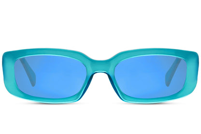 Gennemsigtige hurtigbriller i blå glas og blåt stel set fra fronten