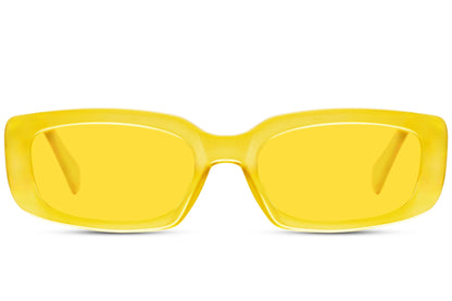 Gennemsigtige hurtigbriller i gule glas og gult stel set fra fronten