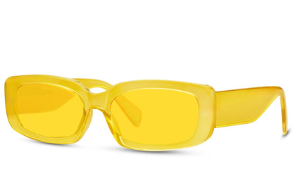 Gennemsigtige hurtigbriller i gule glas og gult stel set fra siden