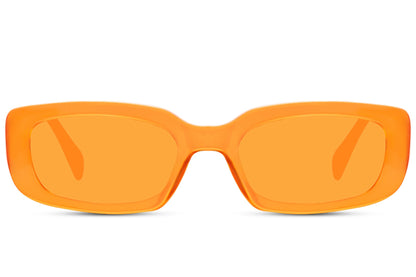 Gennemsigtige hurtigbriller i orange glas og orange stel set fra fronten