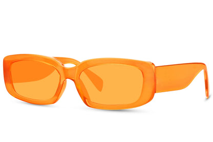 Gennemsigtige hurtigbriller i orange glas og orange stel set fra siden