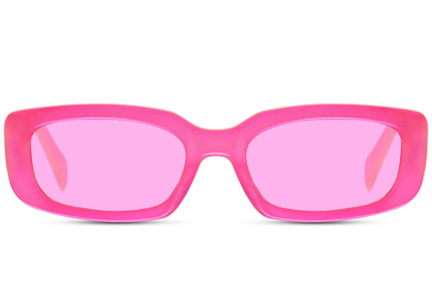 Gennemsigtige hurtigbriller i pink glas og pink stel set fra fronten