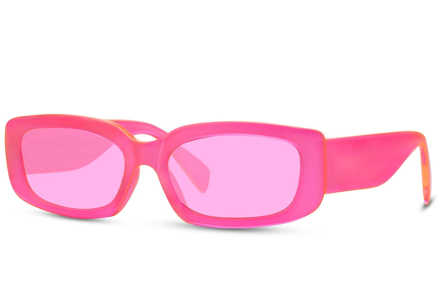 Gennemsigtige hurtigbriller i pink glas og pink stel set fra siden