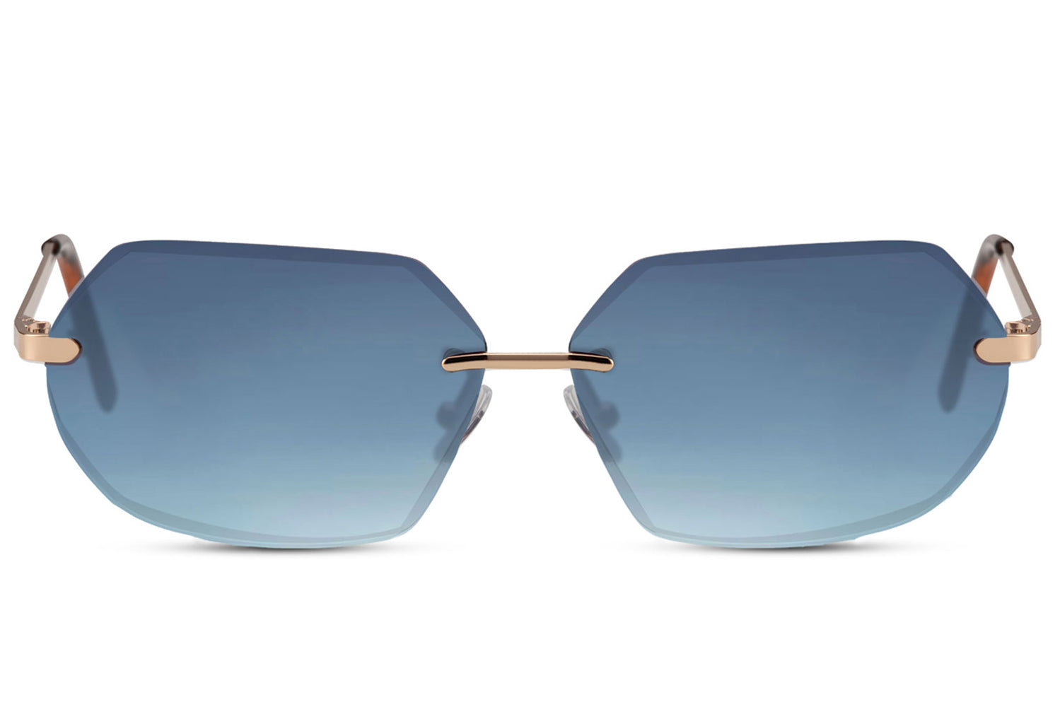 Hexagon hurtigbriller i metallisk design og blå glas set fra fronten