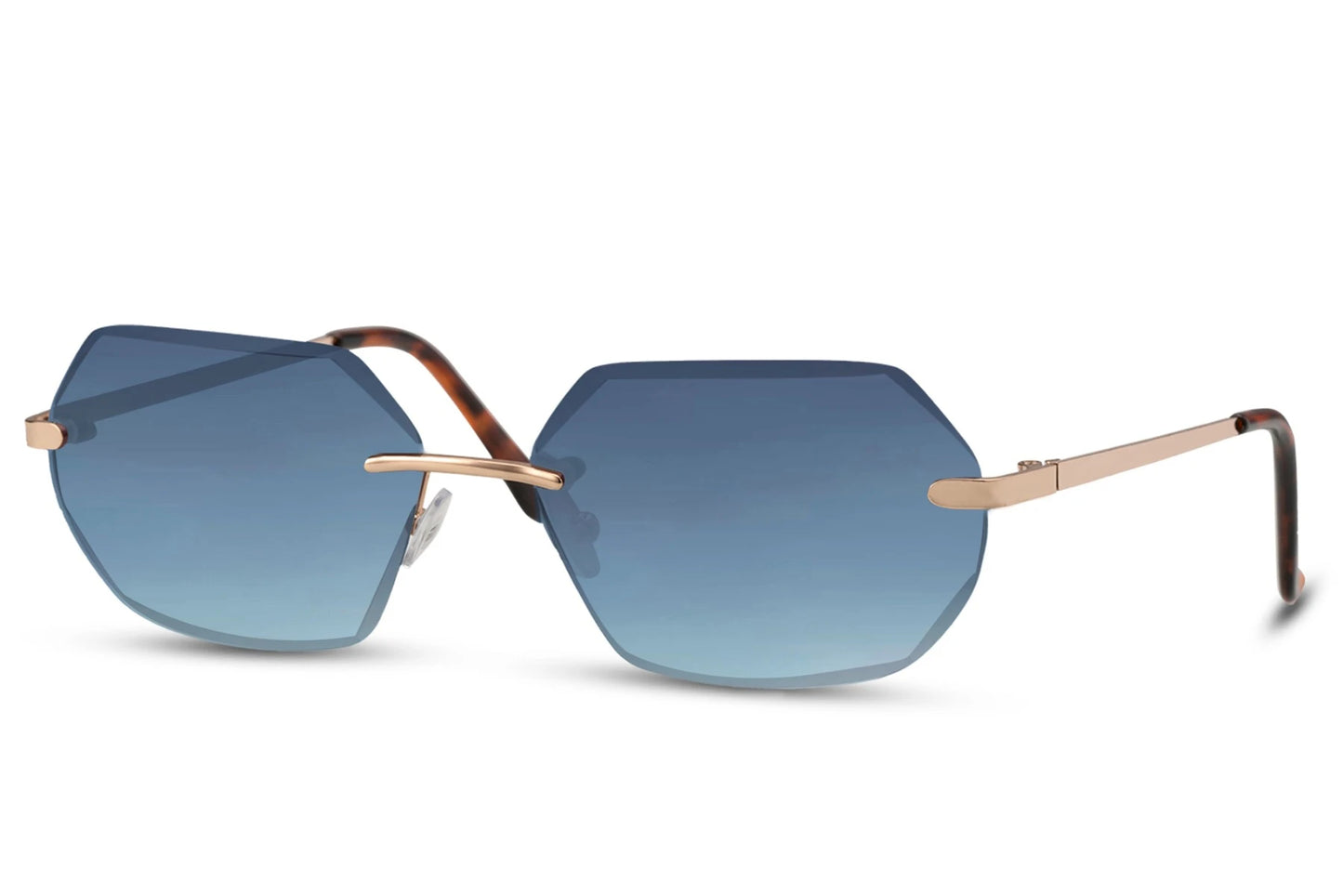 Hexagon hurtigbriller i metallisk design og blå glas set fra siden