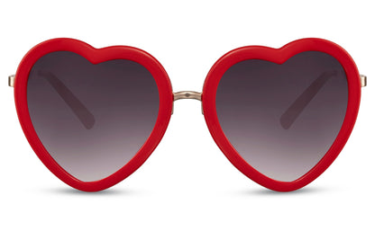 Hjerte solbriller med mørke glas og rødt stel set fra fronten