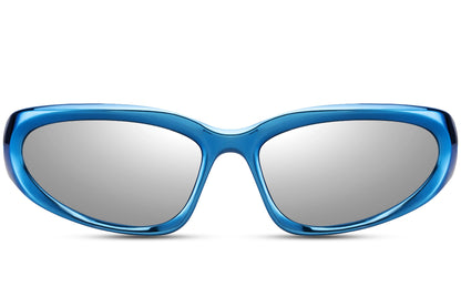 Hurtigbrille blåt stel og grå glas set i klassisk design fra fronten