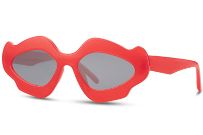 Hurtigbrille med speciel form og design i rød set fra siden