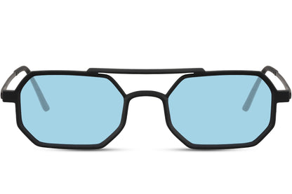 Hurtigbriller gitter i blå glas og sort stel set fra fronten