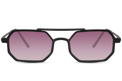 Hurtigbriller gitter i lilla glas og sort stel set fra fronten