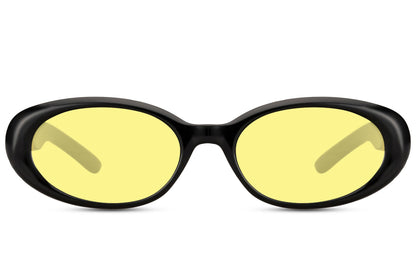 Hurtigbriller med gule glas i oval design set fra fronten