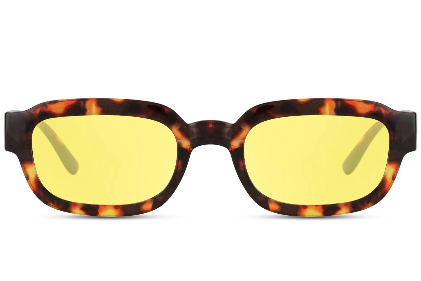 Hurtige solbriller med firkantede glas og afrundede hjørner i gule glas og leopard stel set fra fronten
