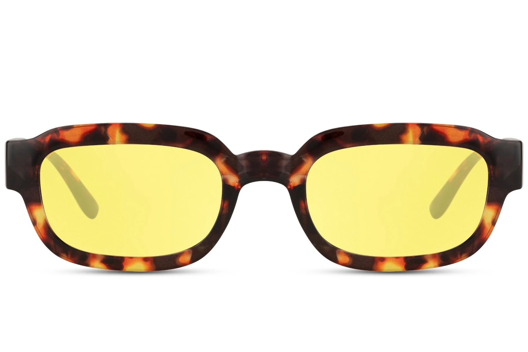 Hurtige solbriller med firkantede glas og afrundede hjørner i gule glas og leopard stel set fra fronten