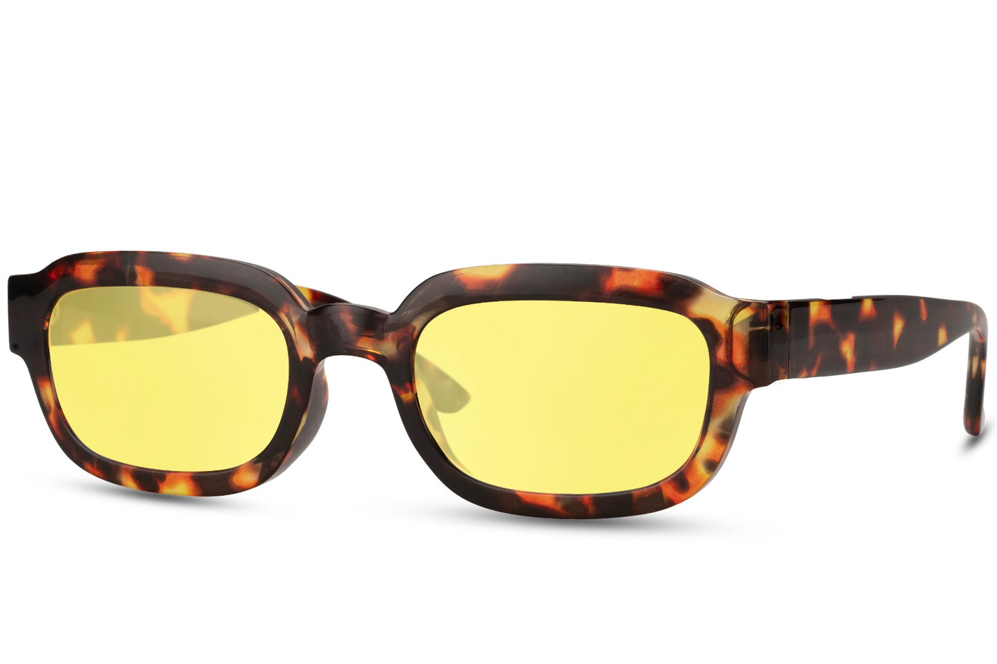Hurtige solbriller med firkantede glas og afrundede hjørner i gule glas og leopard stel set fra siden