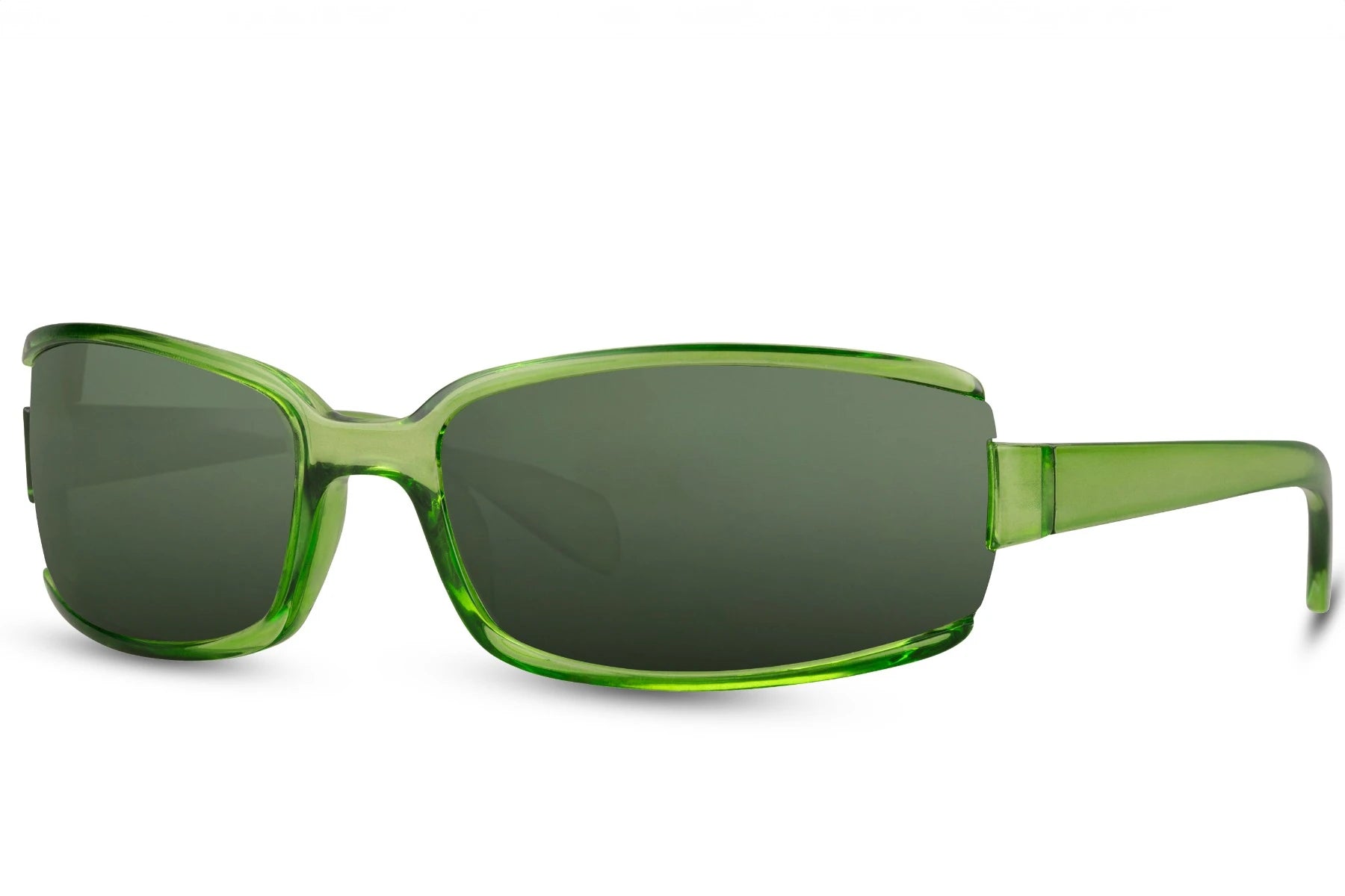Hurtigbriller i rektangulært design i grøn farve set fra siden