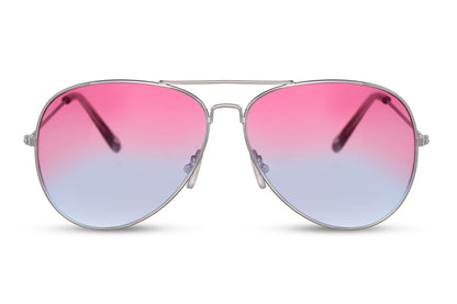 Hurtige aviator solbriller i pink og lilla glas set fra fronten