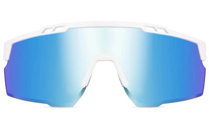 Hurtige cykelbriller i kantet design og blå regnbue farve set fra fronten