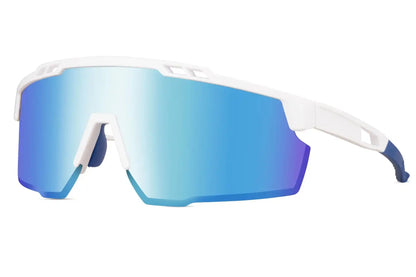 Hurtige cykelbriller i kantet design og blå regnbue farve set fra siden