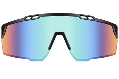 Hurtige cykelbriller i kantet design og lilla regnbue farve set fra fronten