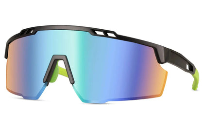 Hurtige cykelbriller i kantet design og lilla regnbue farve set fra siden