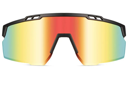 Hurtige cykelbriller i kantet design og rød regnue farve set fra fronten