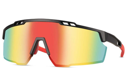 Hurtige cykelbriller i kantet design og rød regnue farve set fra siden