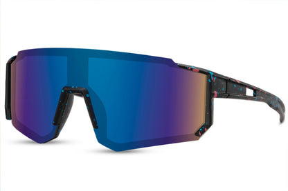 Hurtige cykelbriller til sport med maling pletter og glas i blå gradient glas set fra siden