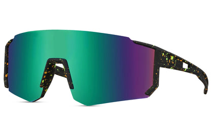 Hurtige cykelbriller til sport med maling pletter og glas i grønne gradient glas set fra siden