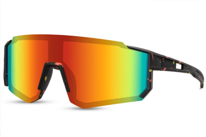 Hurtige cykelbriller til sport med maling pletter og glas i røde regnbueglas set fra siden