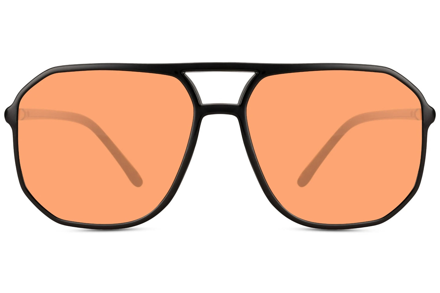 Kantede solbriller i orange farvet glas set fra fronten
