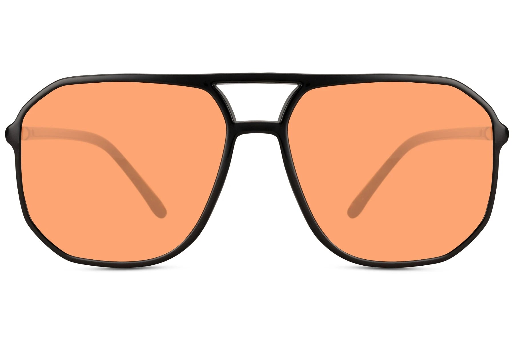 Kantede solbriller i orange farvet glas set fra fronten