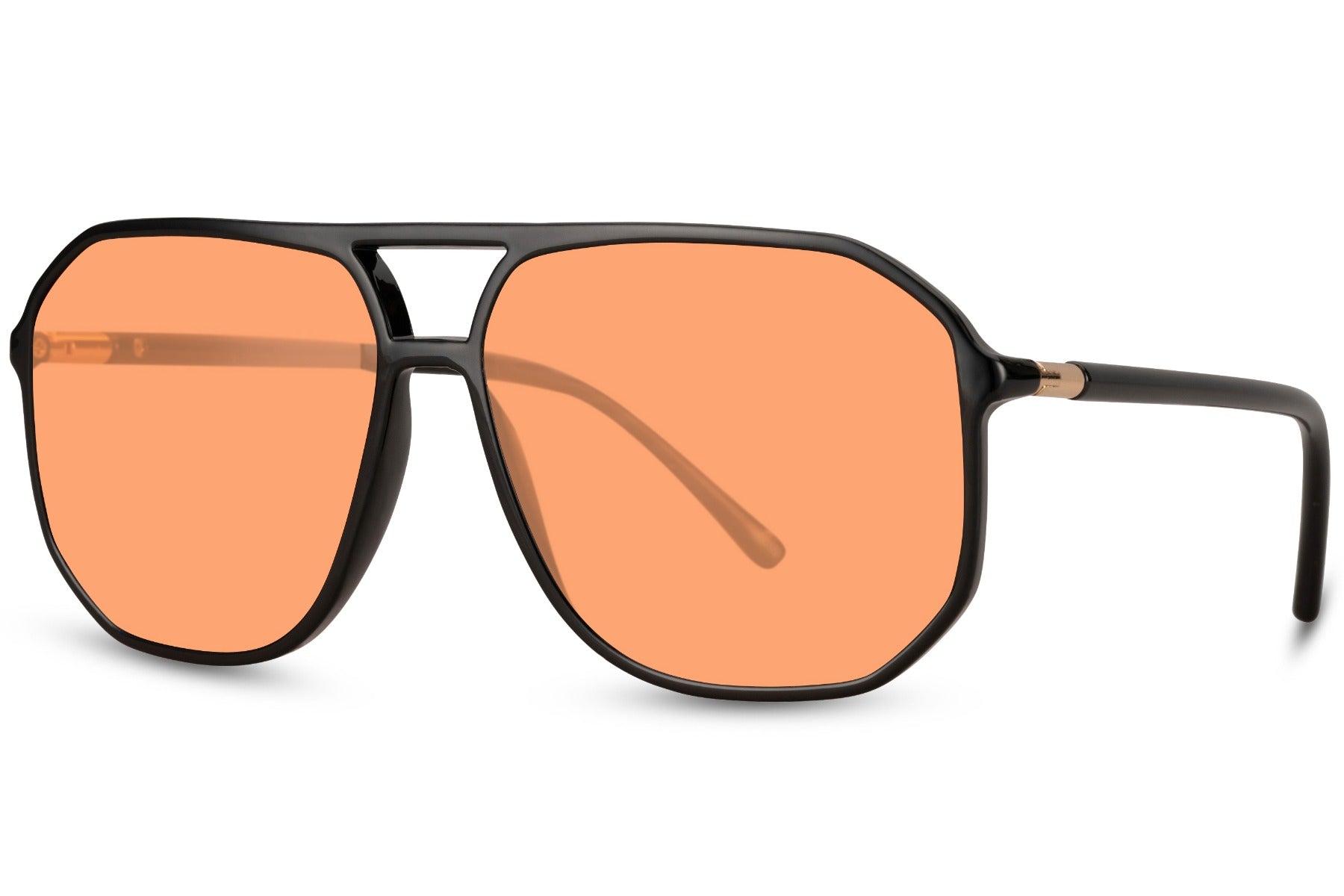 Kantede solbriller i orange farvet glas set fra siden