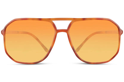 Kantede solbriller i orange farvet glas og stel set fra fronten
