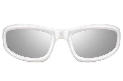 Klassisk hurtigbrille med hvide glas og stel front