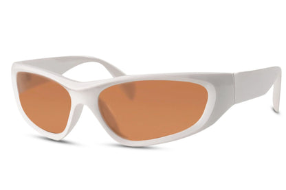 Klassiske farvede hurtigbriller i brune glas og hvidt stel set fra siden