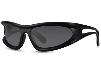 Klassiske hurtigbriller med rør-formet stel i sort farve og sorte glas set fra siden