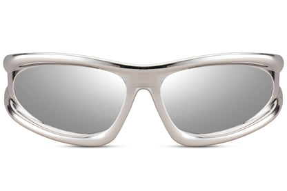 Klassiske hurtigbriller med rør-formet stel i sølv farve set fra siden