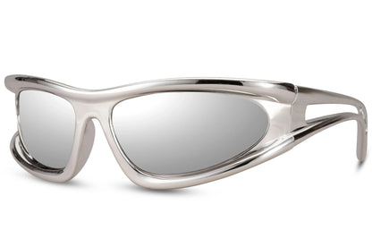 Klassiske hurtigbriller med rør-formet stel i sølv farve set fra siden