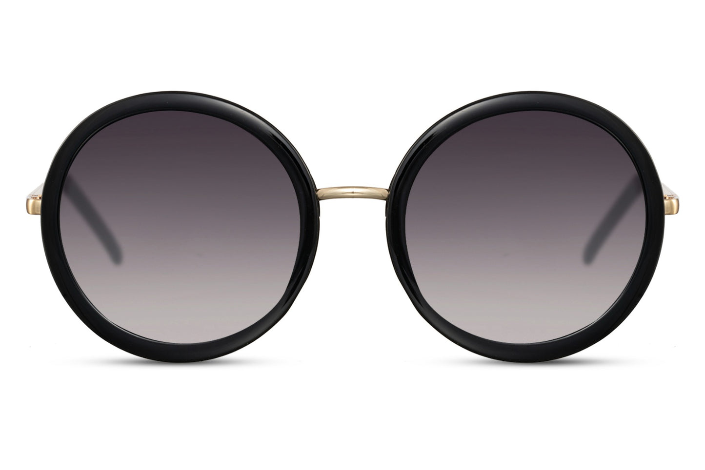 Kvinde solbriller med runde glas og sort ramme set fra fronten