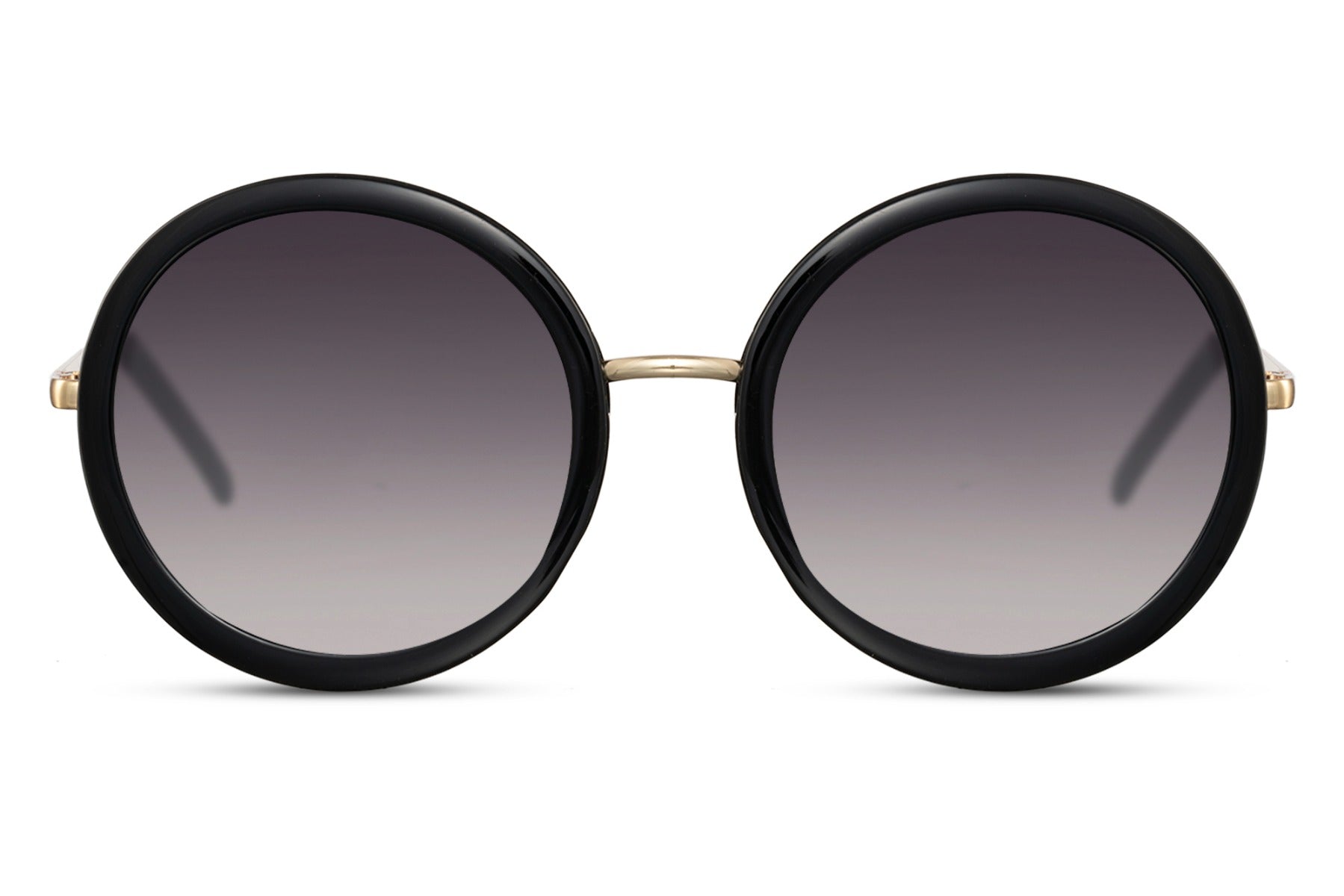 Kvinde solbriller med runde glas og sort ramme set fra fronten