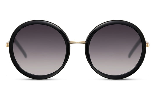 Kvinde solbriller med runde glas og sort ramme set fra fronten