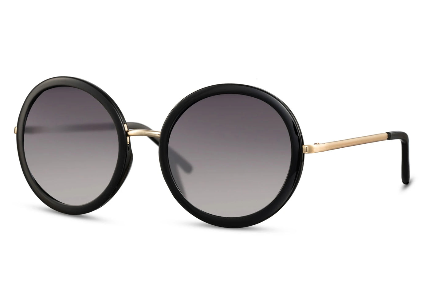 Kvinde solbriller med runde glas og sort ramme set fra siden