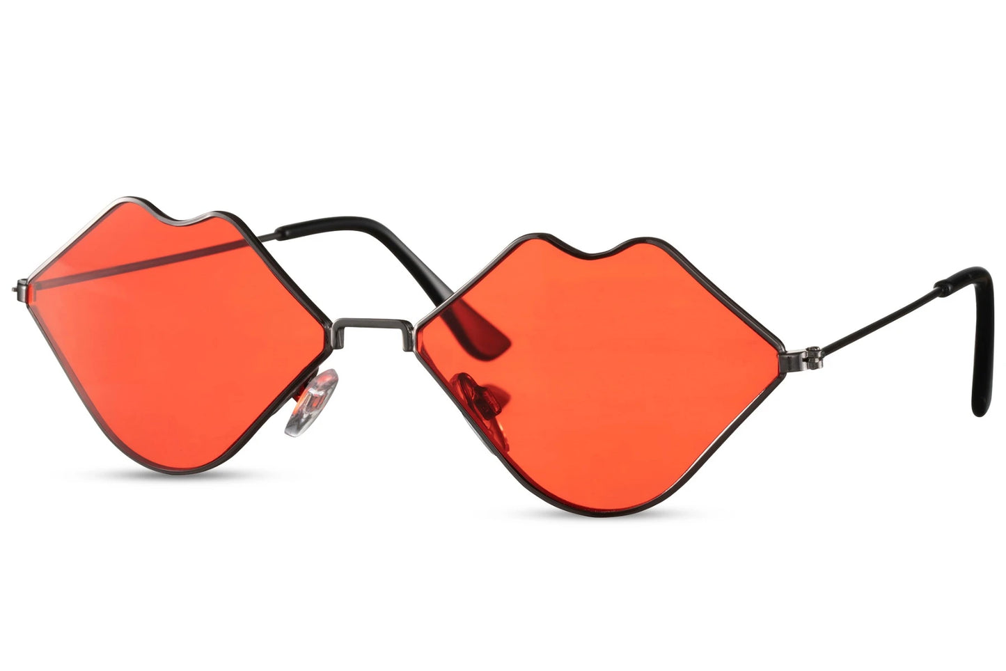 Læbeformede røde solbriller til festivaller eller polterabend set fra siden
