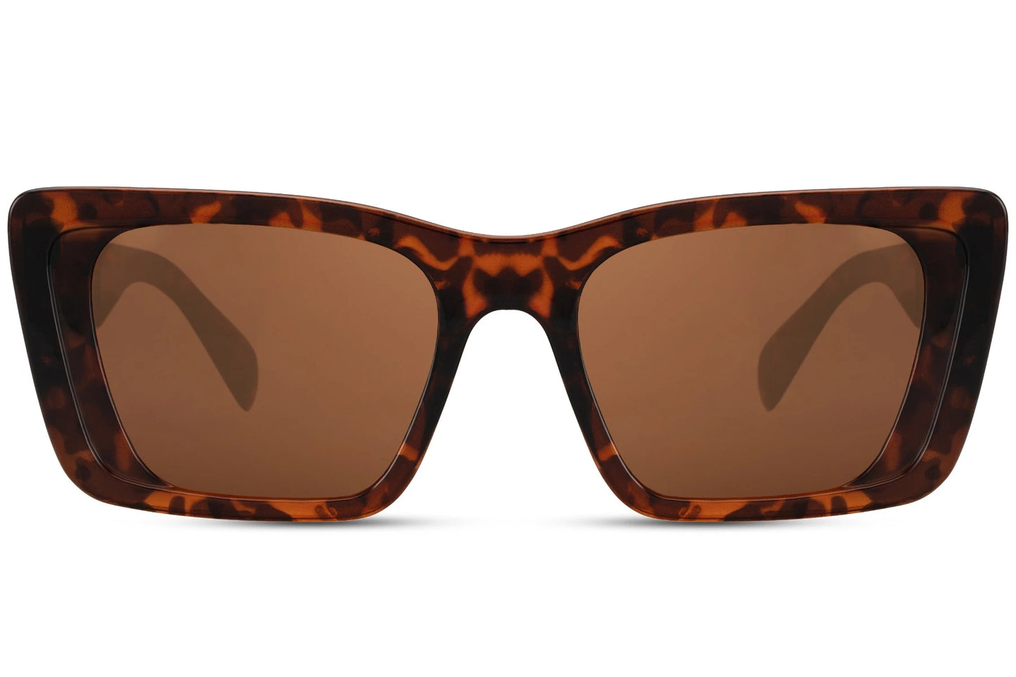 Leopard solbriller med takkede stænger og firkantede glas set fra fronten